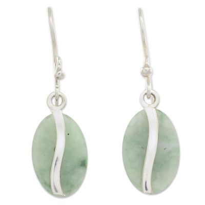 Jade dangle earrings, 'Apple Green Coffee Bean' - Contemporary Silver Earrings with Pale Green Jade