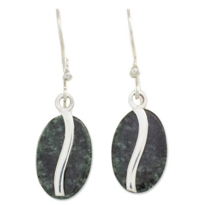 Jade dangle earrings, 'Dark Green Coffee Bean' - Dark Green Jade and Sterling Silver Contemporary Earrings