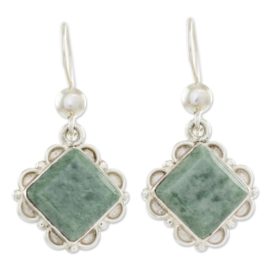 Jade dangle earrings, 'Light Green Floral Diamond' - Silver Diamond Shaped Floral Jade Earrings in Light Green