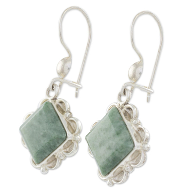 Jade dangle earrings, 'Light Green Floral Diamond' - Silver Diamond Shaped Floral Jade Earrings in Light Green