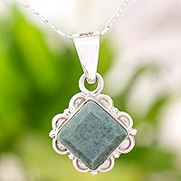 Jade pendant necklace, 'Light Green Floral Diamond' - Diamond Shaped Light Green Floral Jade and Silver Necklace