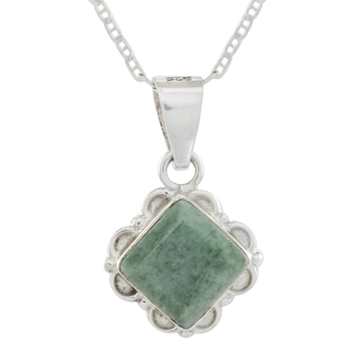 Diamond Shaped Light Green Floral Jade and Silver Necklace