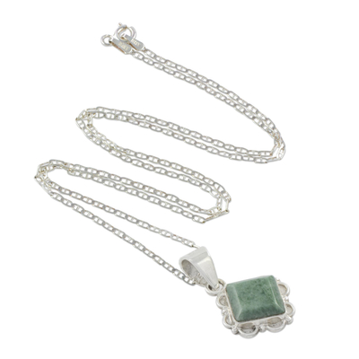 Jade pendant necklace, 'Light Green Floral Diamond' - Diamond Shaped Light Green Floral Jade and Silver Necklace