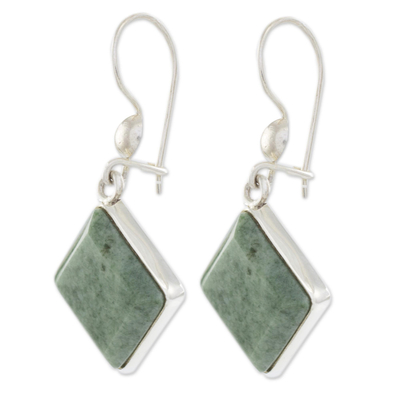 Jade dangle earrings, 'Light Green Lake' - Diamond Shaped Light Green Jade Earrings in Sterling Silver