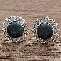 Jade button earrings, 'Dark Forest Princess' - Sterling Silver Floral Button Earrings with Dark Green Jade