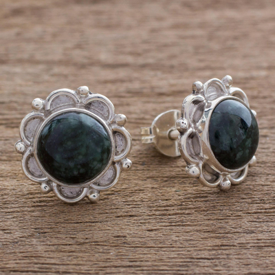 Jade button earrings, 'Dark Forest Princess' - Sterling Silver Floral Button Earrings with Dark Green Jade