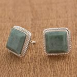 Jade button earrings, 'Maya Wisdom' - Artisan Crafted Jade and Sterling Silver Button Earrings