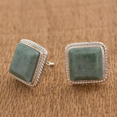 Jade button earrings, 'Maya Wisdom' - Artisan Crafted Jade and Sterling Silver Button Earrings