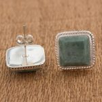 Jade button earrings, 'Maya Wisdom' - Artisan Crafted Jade and Sterling Silver Button Earrings