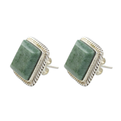 Jade button earrings, 'Maya Wisdom' - Artisan Crafted Jade and Sterling Silver Button Earrings