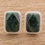 Jade button earrings, 'Rainforest Shadows' - Sterling Silver Green Jade Button Earrings