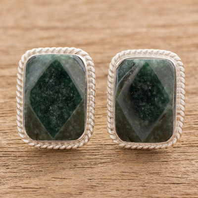 Jade button earrings, 'Rainforest Shadows' - Sterling Silver Green Jade Button Earrings