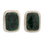 Jade button earrings, 'Rainforest Shadows' - Sterling Silver Green Jade Button Earrings