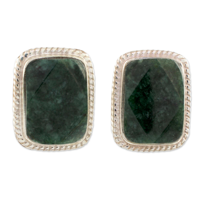 Jade button earrings, 'Rainforest Shadows' - Sterling Silver Green Jade Pendant Necklace
