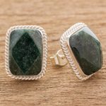 Jade button earrings, 'Rainforest Shadows' - Sterling Silver Green Jade Button Earrings