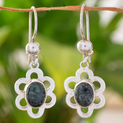 Jade dangle earrings, 'Dark Dappled Blossom' - Sterling Silver Floral Dangle Earrings with Dark Green Jade
