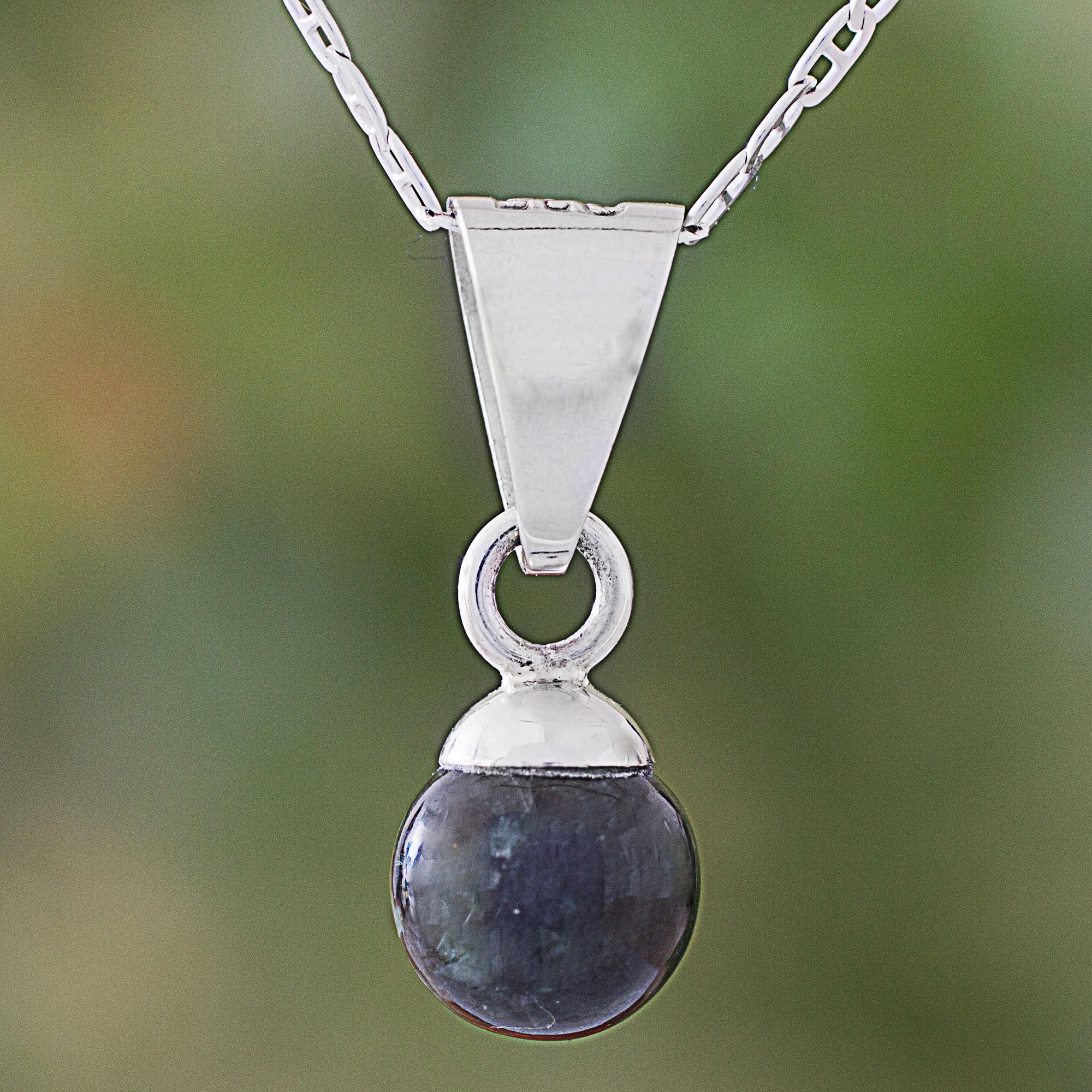 Dark Green Jade Silver Pendant Necklace from Guatemala - Mayan Moon in