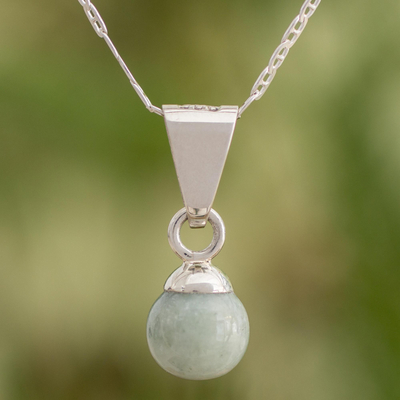 Jade pendant necklace, 'Mayan Moon' - Pale Green Jade Silver Pendant Necklace from Guatemala