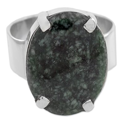 Jade cocktail ring, 'Dark Green Abstraction' - Dark Green Guatemalan Jade on Handmade Wide 925 Silver Ring