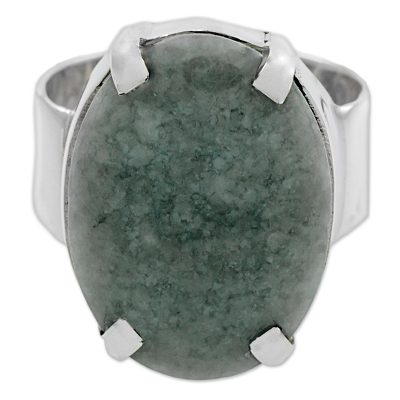 Jade cocktail ring, 'Sweet Green Abstraction' - Apple Green Guatemalan Jade on Handmade Wide 925 Silver Ring