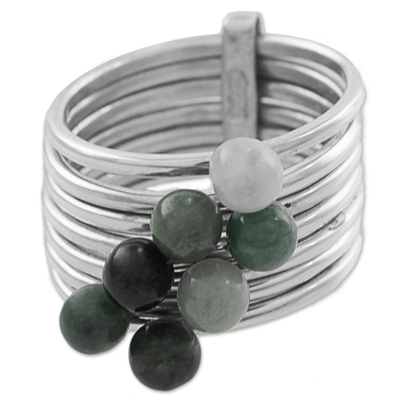Jade cocktail ring, 'My Daily Blessings' - Green and Black Jade Gem Ring in 925 Silver
