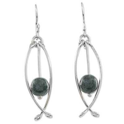 Jade dangle earrings, 'Dark Green Oscillation' - Modern 925 Sterling Silver Earrings with Guatemalan Jade