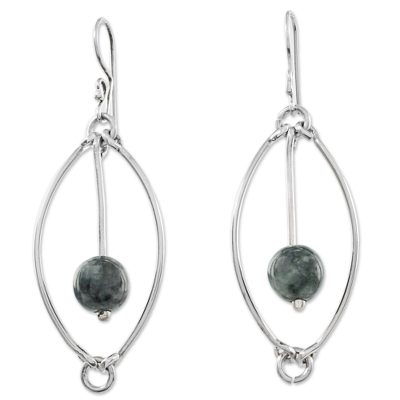 Jade dangle earrings, 'Dark Green Vortex' - Trendy 925 Sterling Silver Earrings with Guatemalan Jade