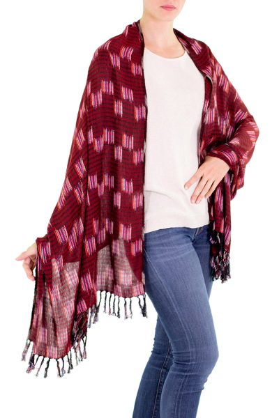 Cotton shawl, 'Homeland Colors' - 100% Cotton Shawl in Red Black and Multicolor Accents