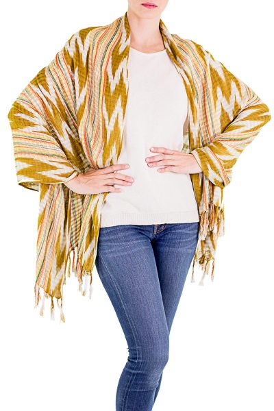 Cotton shawl, 'Sunny Wheat Field' - 100% Cotton Shawl with Mustard and White Chevron Pattern