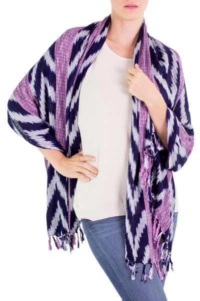 Cotton shawl, 'Blue and Purple Nebula' - 100% Cotton Shawl with Blue Purple and Gray Chevron Stripes