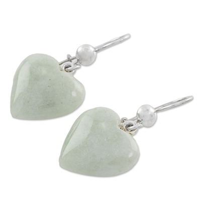 Jade dangle earrings, 'Mayan Heart' - White Heart Shaped Jade Silver Dangle Earrings Guatemala