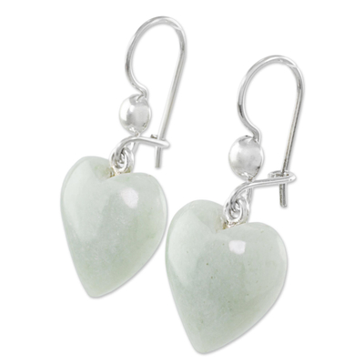 Jade dangle earrings, 'Mayan Heart' - White Heart Shaped Jade Silver Dangle Earrings Guatemala