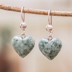 Jade dangle earrings, 'Mayan Heart in Green' - Green Heart Shaped Jade Silver Dangle Earrings Guatemala