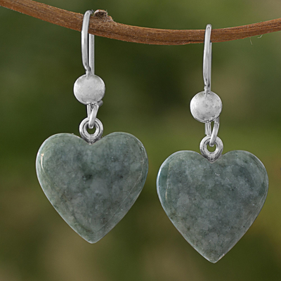 Jade dangle earrings, 'Mayan Heart in Green' - Green Heart Shaped Jade Silver Dangle Earrings Guatemala