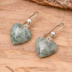 Jade dangle earrings, 'Mayan Heart in Green' - Green Heart Shaped Jade Silver Dangle Earrings Guatemala