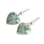 Jade dangle earrings, 'Mayan Heart in Green' - Green Heart Shaped Jade Silver Dangle Earrings Guatemala