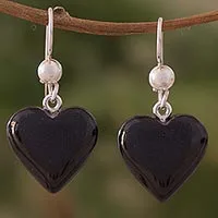 Jade dangle earrings, 'Mayan Heart in Black' - Black Heart Shaped Jade Silver Dangle Earrings Guatemala