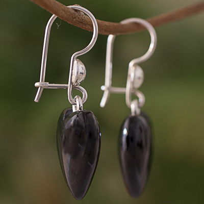 Jade dangle earrings, 'Mayan Heart in Black' - Black Heart Shaped Jade Silver Dangle Earrings Guatemala