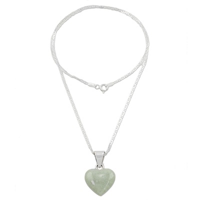 Jade pendant necklace, 'Mayan Heart' - Jade Sterling Silver Heart Shape Pendant Necklace Guatemala