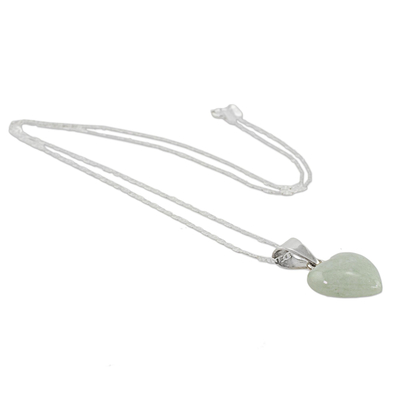 Jade pendant necklace, 'Mayan Heart' - Jade Sterling Silver Heart Shape Pendant Necklace Guatemala