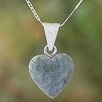 Light Green Jade Silver Heart Pendant Necklace Guatemala, 'Mayan Heart in Light Green'
