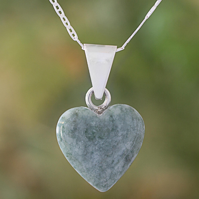 Jade pendant necklace, 'Mayan Heart in Light Green' - Light Green Jade Silver Heart Pendant Necklace Guatemala