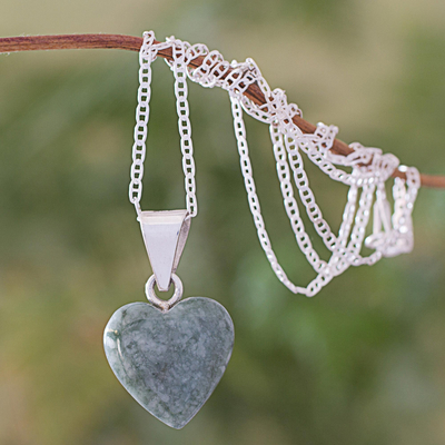 Jade pendant necklace, 'Mayan Heart in Light Green' - Light Green Jade Silver Heart Pendant Necklace Guatemala