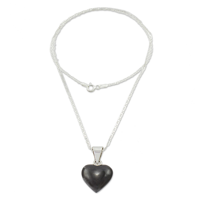 Jade pendant necklace, 'Mayan Heart in Black' - Black Jade Sterling Silver Heart Pendant Necklace Guatemala