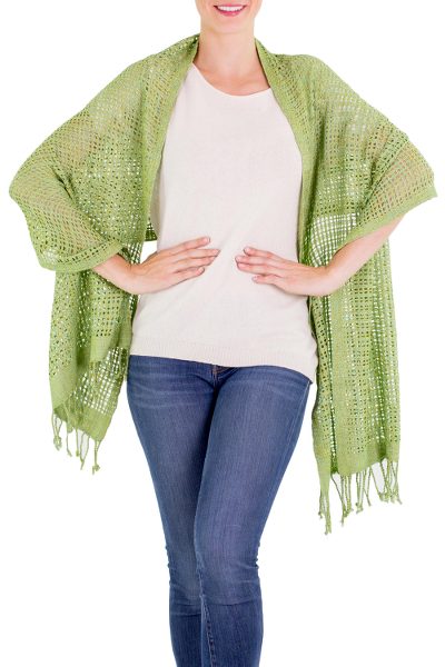 Cotton shawl, 'Fresh Mint' - Green 100% Cotton Shawl with Open Spaces and Fringes