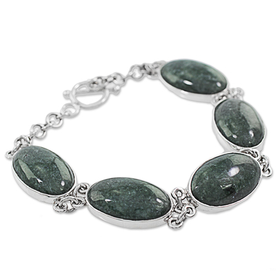 Jade-Gliederarmband - Grünes Jade-Gliederarmband aus Sterlingsilber aus Guatemala