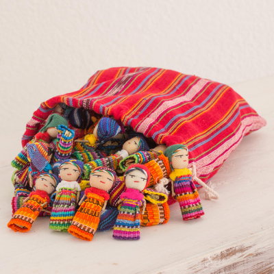 Cotton figurines, 'The Worry Doll Clan' (set of 100) - Set of 100 Guatemalan Worry Dolls with Pouch in 100% Cotton