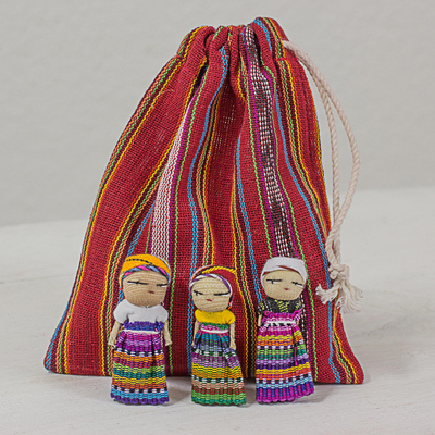 Cotton figurines, 'The Worry Doll League' (set of 12) - Set of 12 Guatemalan Worry Dolls with Pouch in 100% Cotton