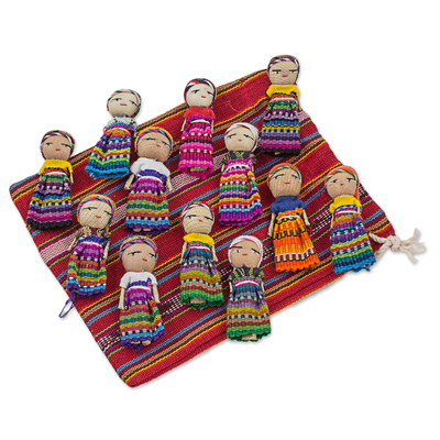 Cotton figurines, 'The Worry Doll League' (set of 12) - Set of 12 Guatemalan Worry Dolls with Pouch in 100% Cotton