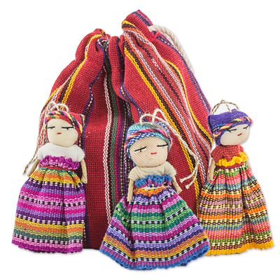 Cotton figurines, 'Worry Doll Dancers (set of 12) - Hand Made Cotton Figurines and Bag (Set of 12) Guatemala